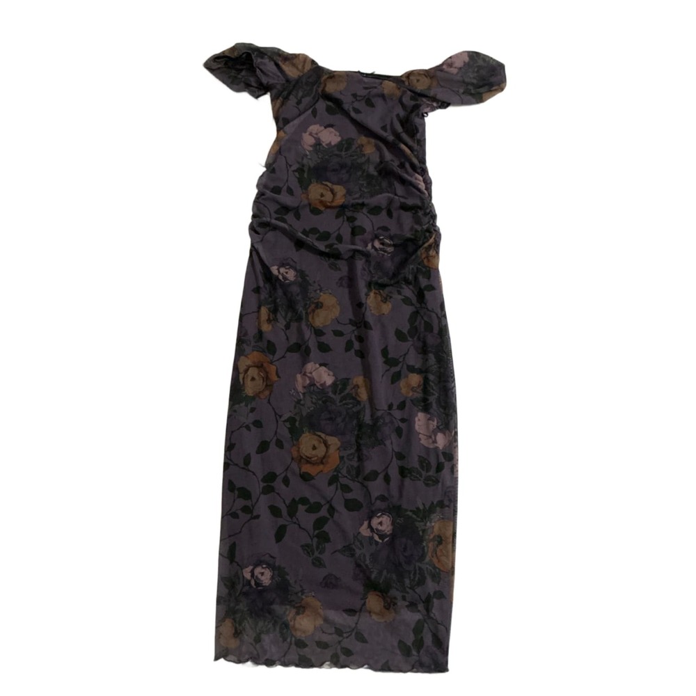 Maeve Anthropologie Purple Floral Mesh Off Shoulder Ruched Midi Dress Women's XS